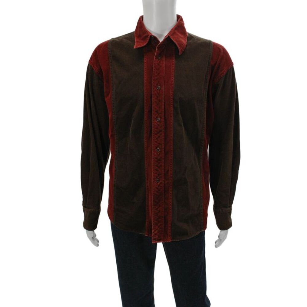 Faconnable Mens Button Up Colorblock Brown Collared Shirt Size XL